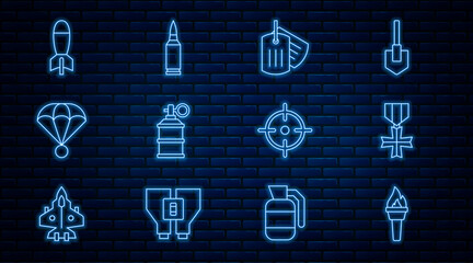 Set line Torch flame, Military reward medal, dog tag, Hand smoke grenade, Parachute, Rocket launcher, Target sport and Bullet icon. Vector