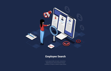 New Employee Search Concept Illustration. Isometric Vector Composition In Cartoon 3D Style. Character Looking For Work Candidates, Human Resources Manager Standing Near Computer Screen On Research