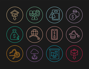 Set line Briefcase, Dollar rate decrease, Global economic crisis, Money bag, Falling property prices, Mobile stock trading and Stop delivery cargo truck icon. Vector