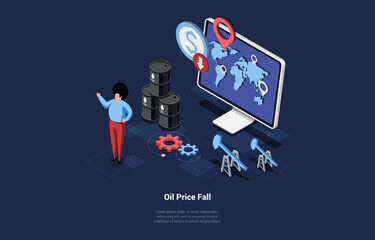 Oil Price Recession Concept Illustration. Isometric Vector Composition In Cartoon 3D Style. Financial Problems, Global Currency Fall, Economic Crisis. Character Standing Near Computer, Barrels Near