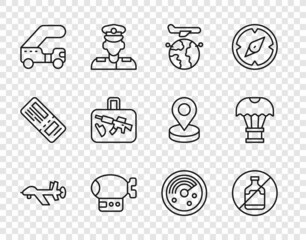Set line UAV Drone, No alcohol, Globe with flying plane, Airship, Passenger ladder, Suitcase, Radar targets monitor and Box parachute icon. Vector