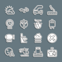 Set line Suitcase, Plane, Passenger ladder, propeller, Clock, Sun and cloud weather and Globe with flying plane icon. Vector