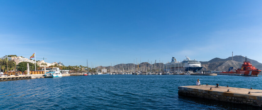 panorama of the Cartagena marina and port with many boats and a cruise ship