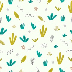 Seamless pattern with leaf branches, blades of grass, shapes, flowers highlighted on a beige background. For textiles, packaging paper, posters, backgrounds, decoration of children's parties. 