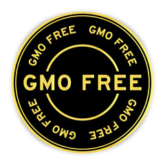 Black and gold color round label sticker with word GMO (abbreviation of Genetically Modified Organisms) free on white background