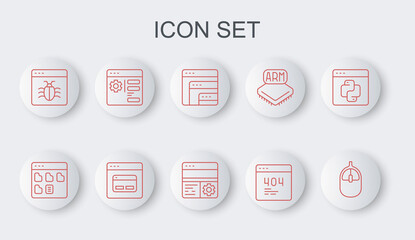 Set line Computer mouse, Browser files, Software, Page with 404 error, System bug, setting, Search engine and Debugging icon. Vector