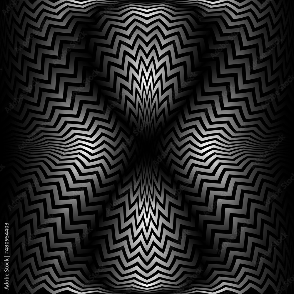 Poster optical art symmetric pattern of gradient zigzag stripes. psychedelic monochrome background design.