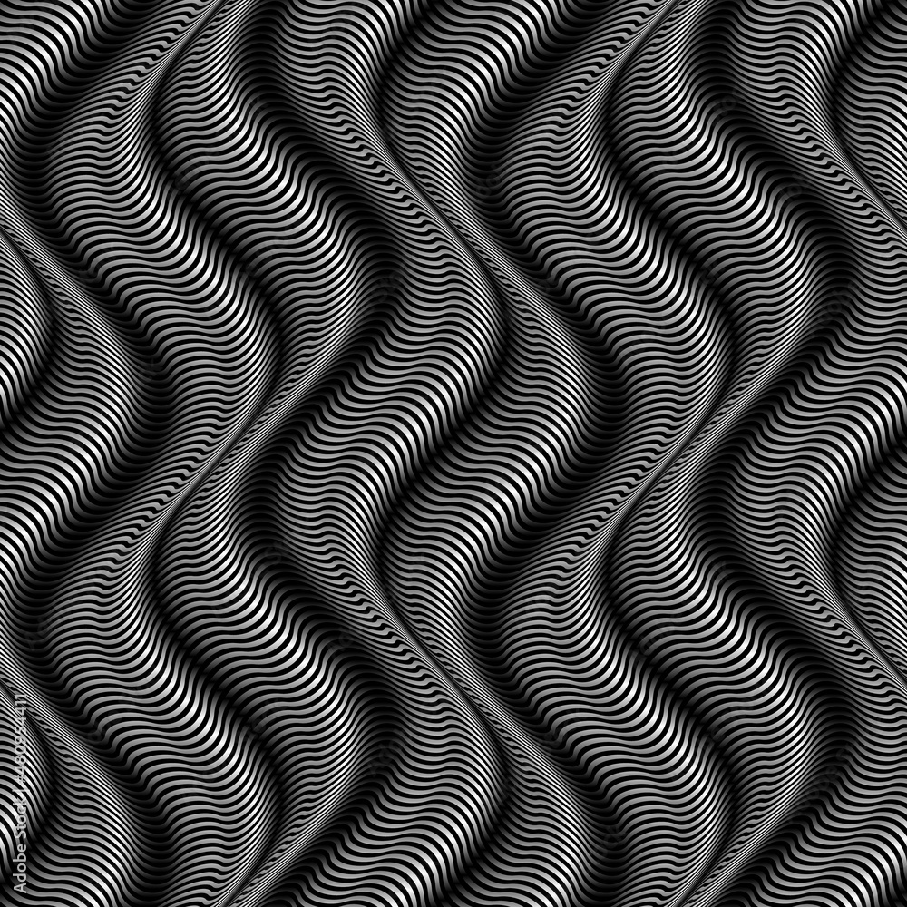 Poster vector embossed seamless pattern of monochrome wavy stripes. optical art gradient texture for wallpa