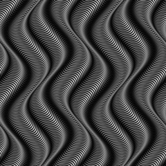 Vector embossed seamless pattern of monochrome wavy stripes. Optical art gradient texture for wallpaper design.
