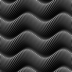 Vector moire seamless pattern of monochrome striped waves. Optical art winding texture for wallpaper design.