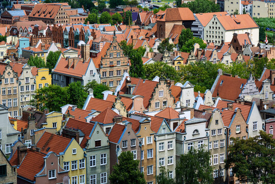 View over the red roofs of Gdansk Old town, Poland