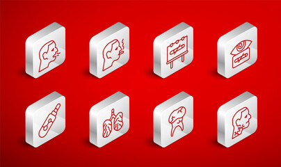 Set line Throat cancer, Man smoking cigarette, No, Hypnosis, Tooth with caries, coughing, Disease lungs and Electronic icon. Vector