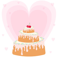 Festive three-tier cake in a delicate pastel color. Background in the shape of a heart.
vector element in flat style.
In the free space of the composition, you can place your text, congratulations.