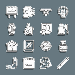 Set line Cigarette, Nicotine gum in blister pack, Hookah, No smoking, electronic cigarette, Death from, and Lungs x-ray diagnostics icon. Vector