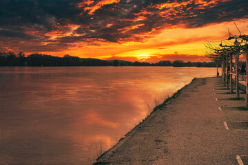 Magnificent sunset over the Rhine near Eltville/Germany in the Rheingau in spring 