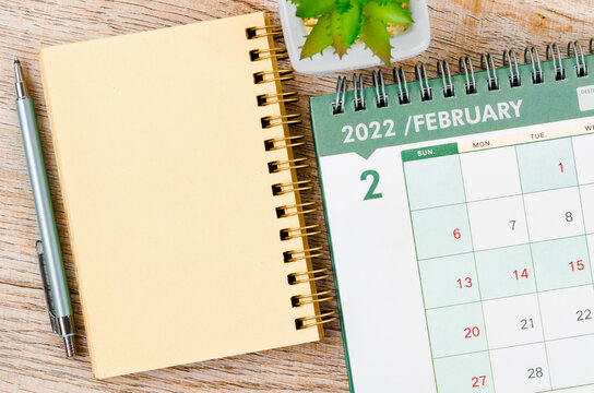 February 2022 desk calendar and diary with small plant
