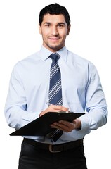 Young handsome businessman With Clipboard make notes