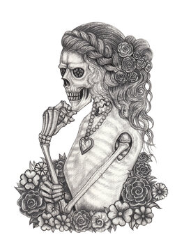 Fashion model women skull. Hand drawing on paper.