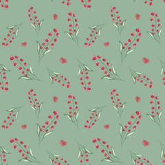 Watercolor seamless pattern from hand painted illustration of red hearts as flowers with green leaves. Design print on green background for design postcard, fabric textile, wedding invitation