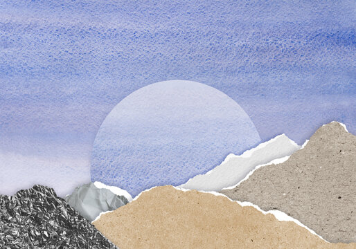 Zine collage landscape paper art. Surreal collage composition made of torn pieces of vintage paper. Landscape with mountains. Cut out fragments made of foil, craft, watercolor paper, carton, torchon.