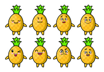 Set kawaii pineapple cartoon different expressions of cartoon face vector illustrations set. cute, funny, angry, happy, smiling comic faces with eyes. Emotions concept for character design