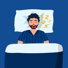 Man sleeping and snoring in flat design. Snore health problem concept vector illustration.