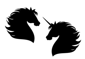 wild mustang and fairy tale unicorn horse profile head design - black and white vector silhouette of animal with flying mane - obrazy, fototapety, plakaty