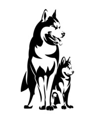 standing siberian husky and puppy sitting by her side black and white vector outline - malamute sled dog breeding kennel emblem design