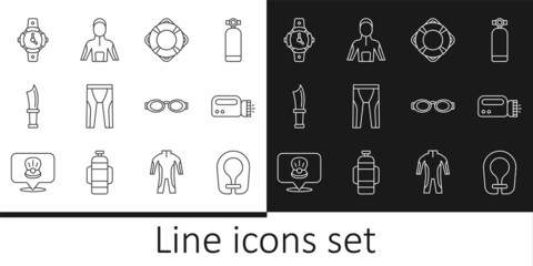 Set line Life jacket, Flashlight for diver, Lifebuoy, Wetsuit scuba diving, Diving knife, watch, Glasses swimming and icon. Vector