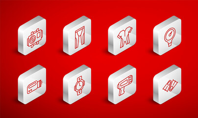 Set line Flippers for swimming, Wetsuit scuba diving, Gauge scale, Flashlight diver, Photo camera, Diving watch and icon. Vector