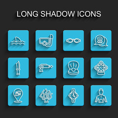 Set line Flippers for swimming, Coral, Shark, Diving watch, Wetsuit scuba diving, Fishing harpoon, Aqualung and Pearl icon. Vector