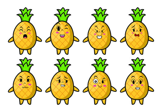 Set kawaii pineapple cartoon different expressions of cartoon face vector illustrations set. cute, funny, angry, happy, smiling comic faces with eyes. Emotions concept for character design