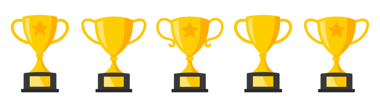 Trophy Cup In Flat Style Set. Trophy Cup Icon Collection Vector