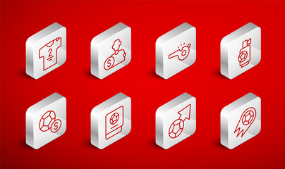 Set line Soccer football ball, Buy player, Whistle, Air horn, Football jersey and t-shirt, learning book and icon. Vector