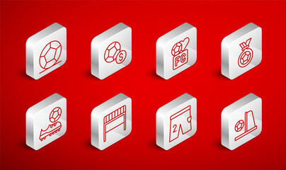 Set line Football goal with ball, Soccer football, Fan club, or soccer medal, Shorts for playing, and shoes icon. Vector