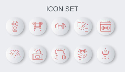 Set line Shower, Heart rate, Dumbbell, Sports doping with dumbbell, Location gym, Bench barbell, bag and Headphones icon. Vector