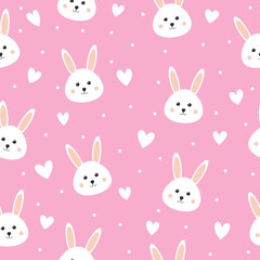Seamless pattern with cute bunny and hearts. Lovely rabbit on pink background. Background for baby shower, wall art, fabric, textile and invitation.