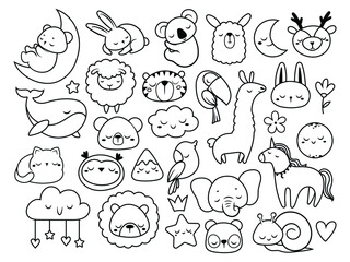 Set of sleeping animal faces. Collection of cute animal portraits cartoon style penguin, deer, hare, bear, squirrel, etc. Vector illustration white background. Design of kids clothing. Tattoo.