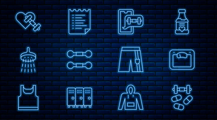 Set line Sports doping with dumbbell, Bathroom scales, Fitness app, Dumbbell, Shower, heart, Short pants and training program icon. Vector