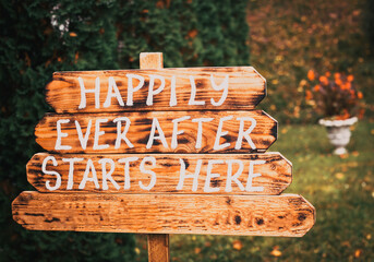 wooden wedding sign happily ever after - obrazy, fototapety, plakaty