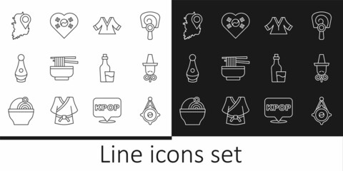 Set line Korean lantern, hat, Kimono, Ramen, Soju bottle, South map, and Love with heart icon. Vector