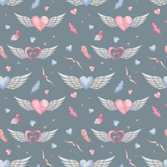 Watercolor seamless pattern from hand painted illustration of pink and blue hearts with grey bird wing feathers as angel Cupid, arrow, bow, feathers. Print on grey background for design fabric textile