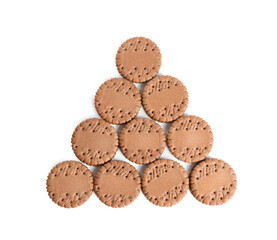 Tasty chocolate sandwich cookies on white background, top view