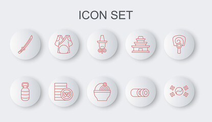 Set line South Korea flag, Korean lantern, hat, Sushi, Katana, Kimono, won coin and Ramen icon. Vector