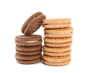 Different tasty sandwich cookies on white background