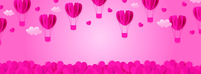 Happy Valentines day background, banner, wallpaper design. Pink background with origami hearts and clouds.