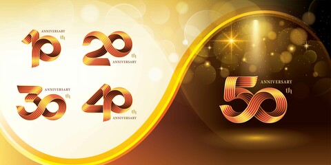 Set of 10 to 50 years Anniversary logotype design, Celebrating Anniversary Logo. Gold Twist Infinity multiple line