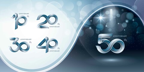 Set of 10 to 50 years Anniversary logo design, Celebrating Anniversary Logo. Silver Twist Infinity multiple line