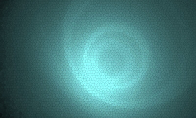 Artistic digital 3d mosaic in aqua blue colors illustrating gradient circles and rings with dark vignette. Artwork consists of small pentagons. Great as poster, wallpaper, print, background or cover.