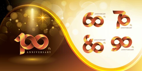 Set of 60 to 100 years Anniversary logotype design, Celebrating Anniversary Logo, Gold Twist Infinity multiple line